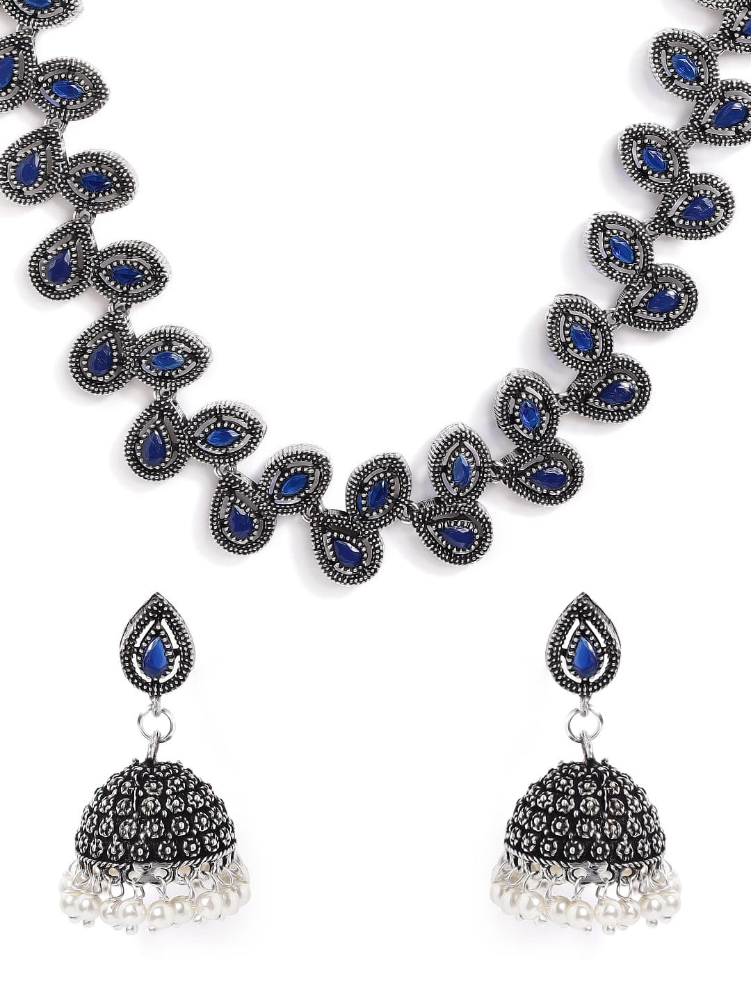 Silver Plated Handcrafted Oxidised Blue Stone Necklace Set