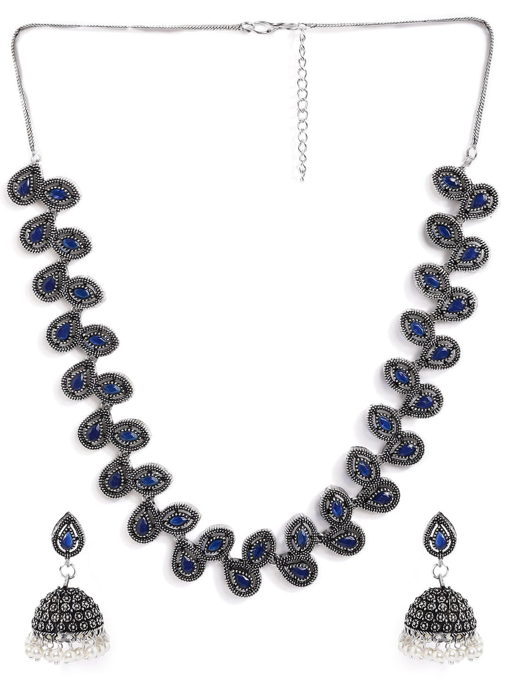 Silver Plated Handcrafted Oxidised Blue Stone Necklace Set
