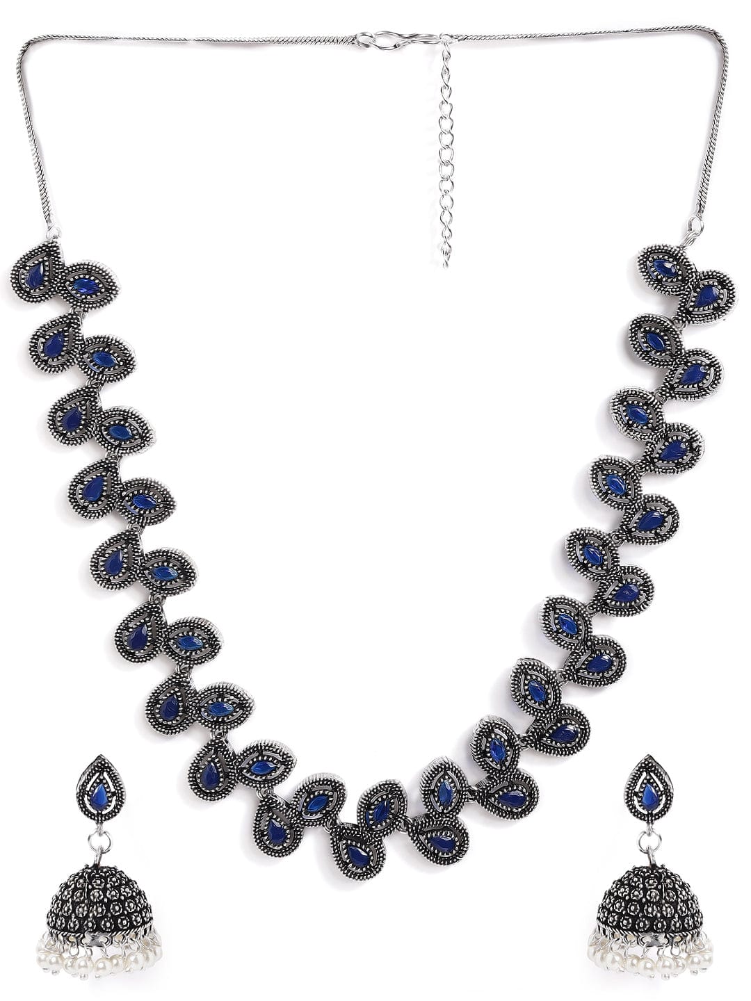 Silver Plated Handcrafted Oxidised Blue Stone Necklace Set