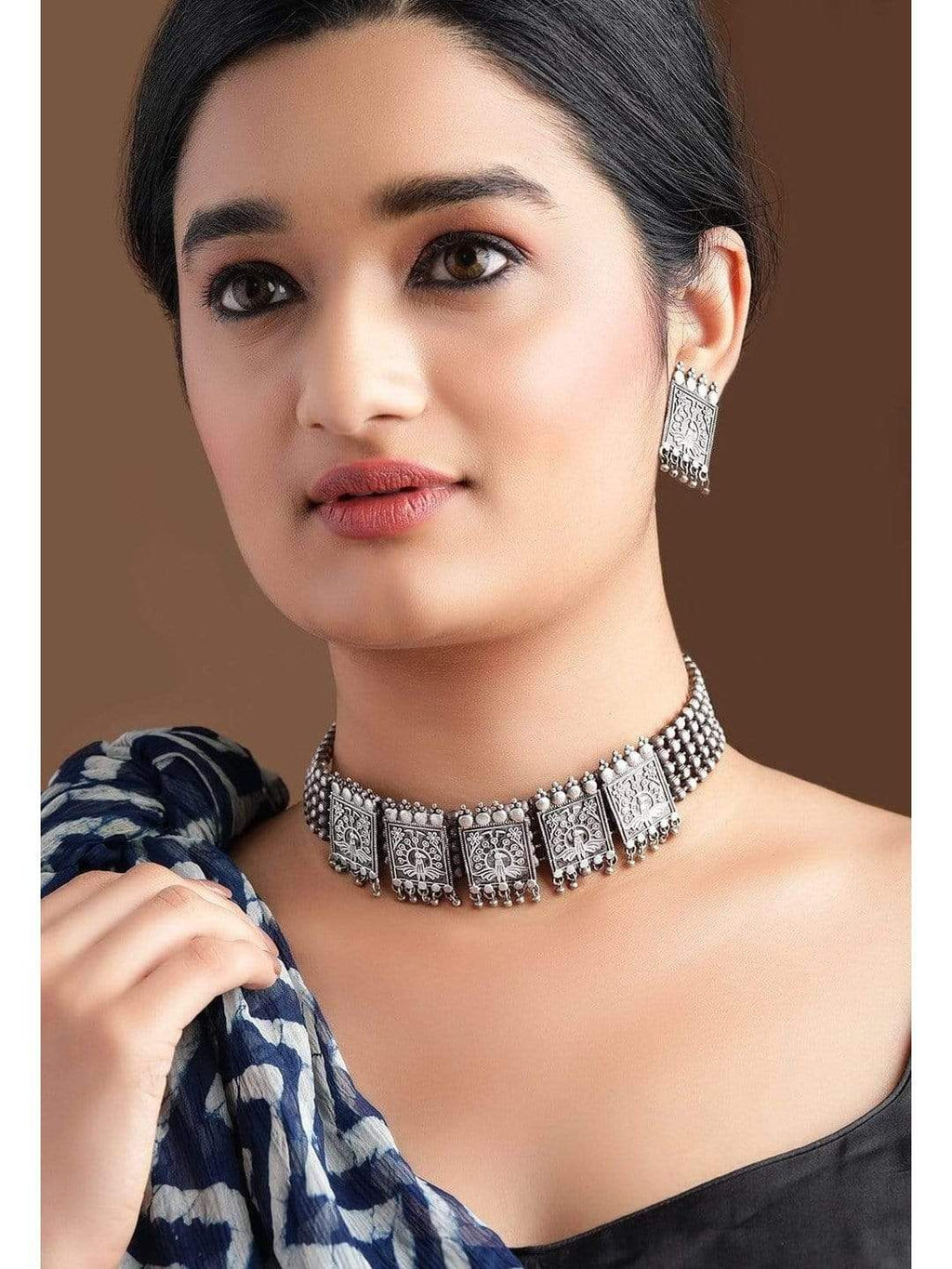 Silver Plated Handcrafted Oxidised Choker Set