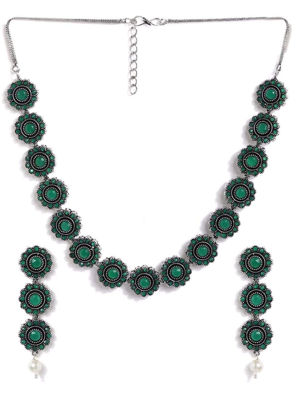Silver Plated Handcrafted Oxidised Green Stone Necklace Set