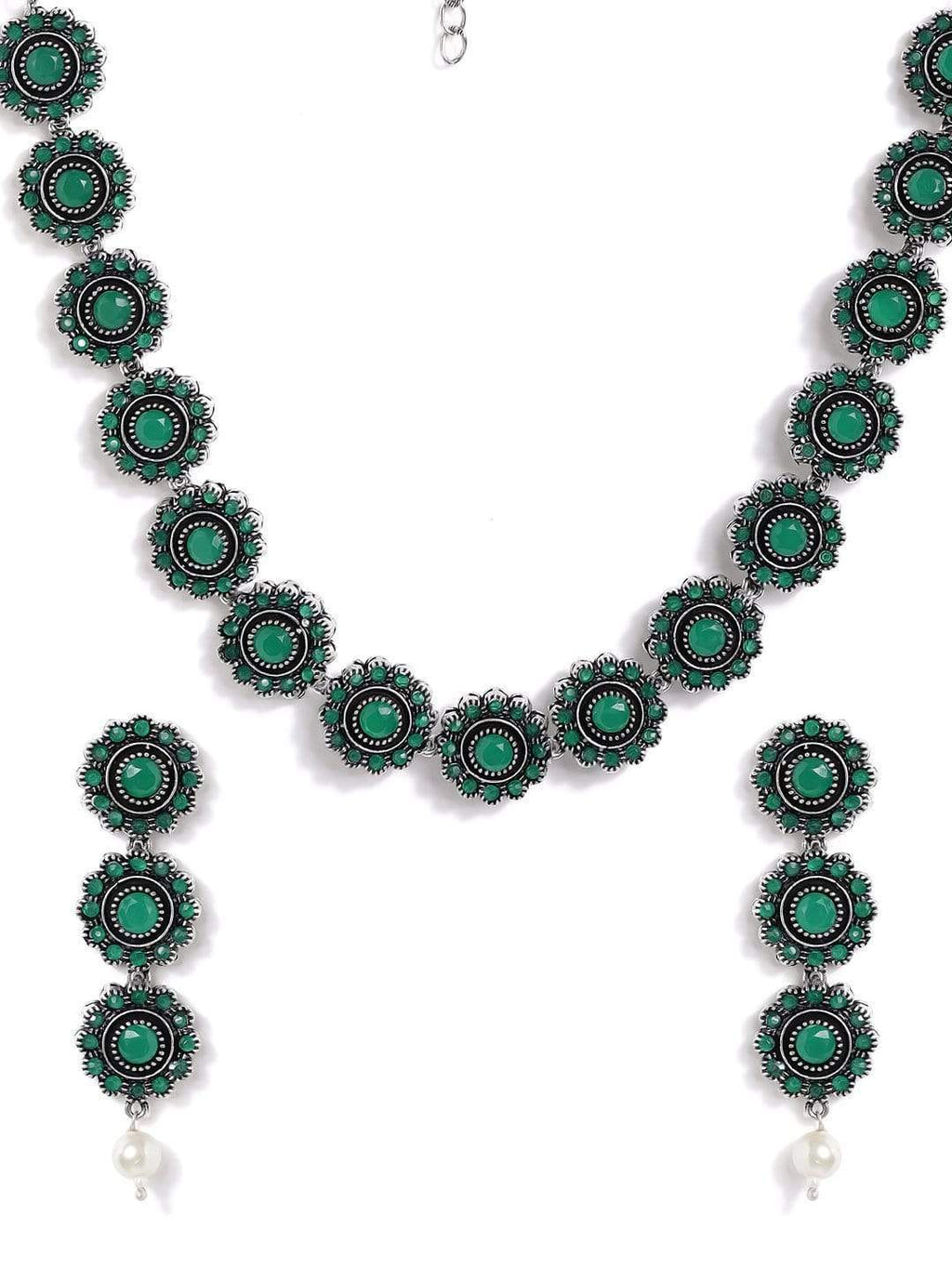 Silver Plated Handcrafted Oxidised Green Stone Necklace Set
