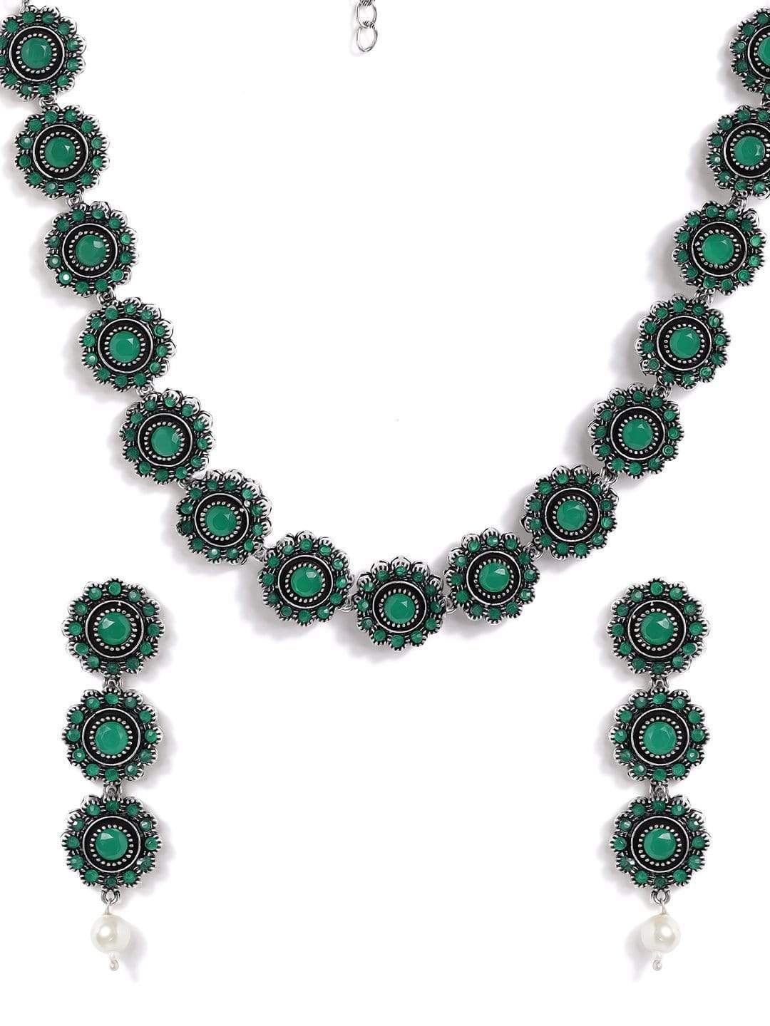Silver Plated Handcrafted Oxidised Green Stone Necklace Set