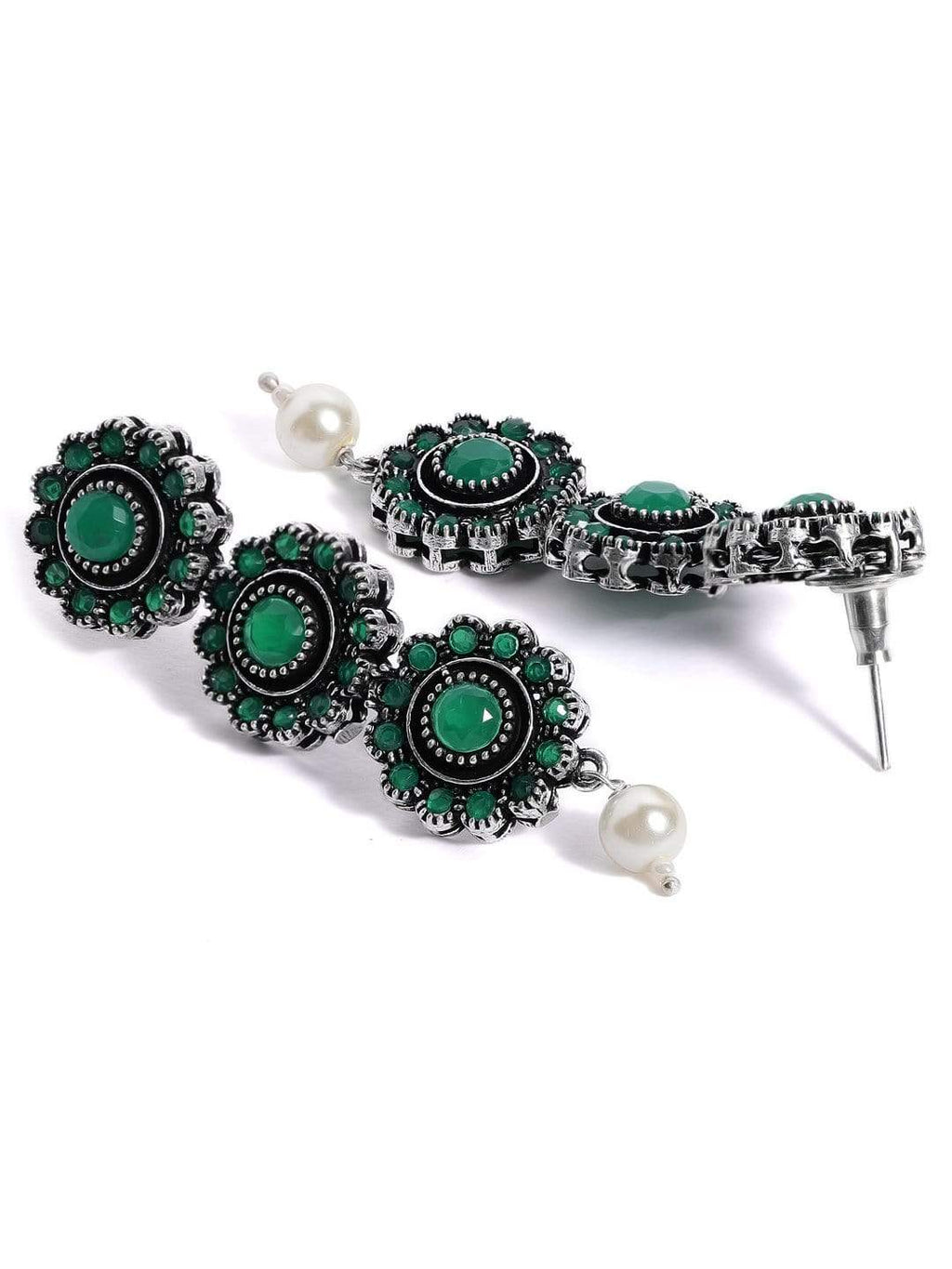 Silver Plated Handcrafted Oxidised Green Stone Necklace Set