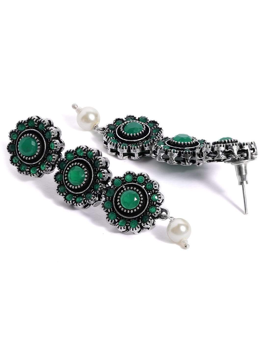 Silver Plated Handcrafted Oxidised Green Stone Necklace Set