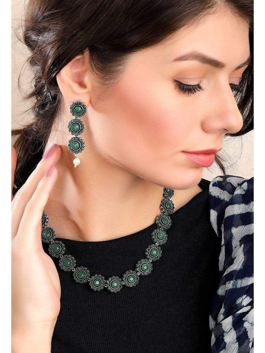 Silver Plated Handcrafted Oxidised Green Stone Necklace Set