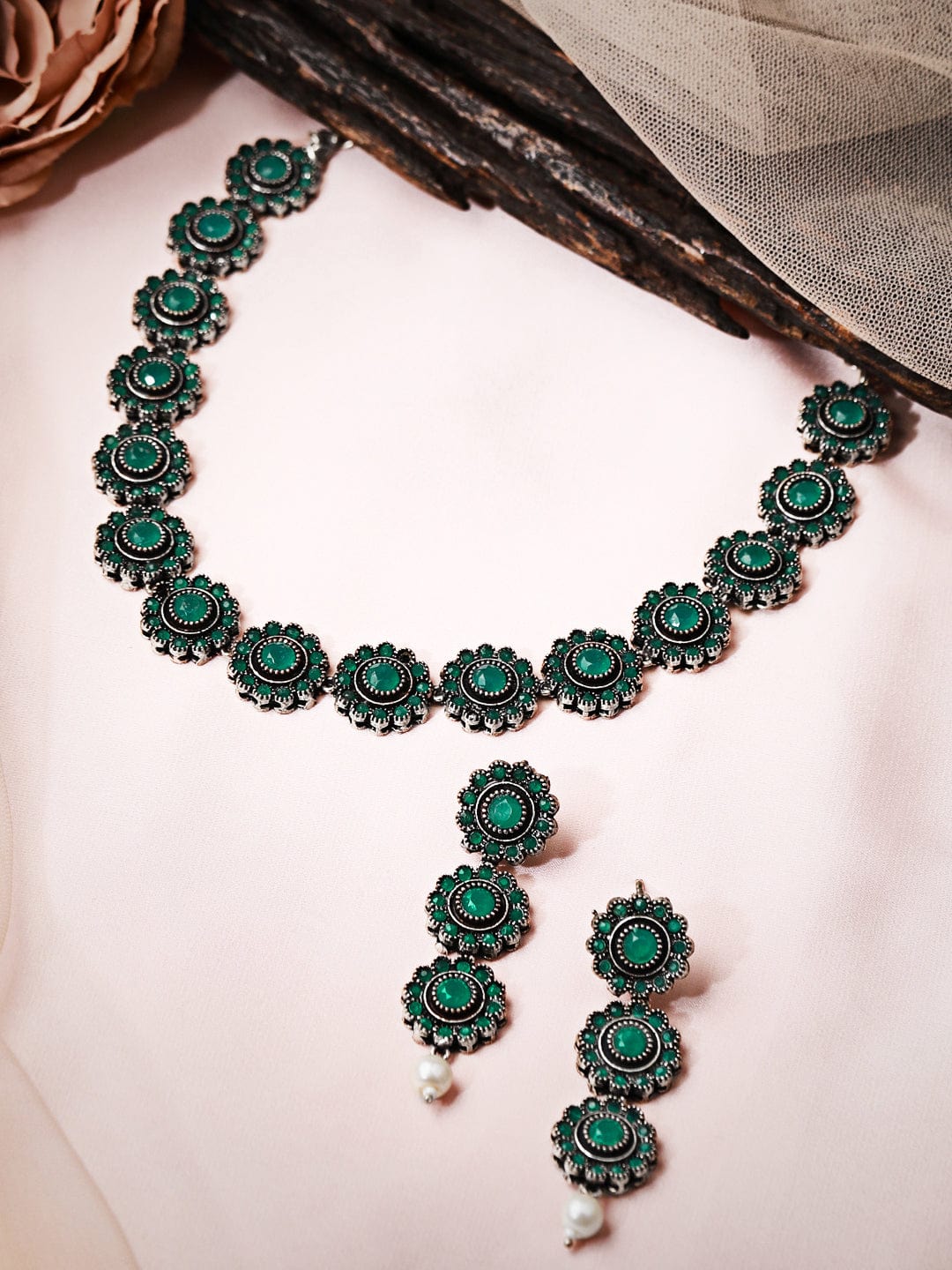 Silver Plated Handcrafted Oxidised Green Stone Necklace Set