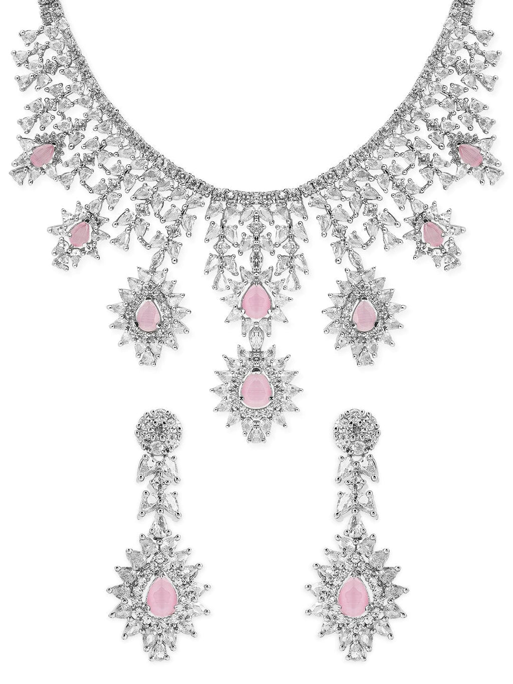 Silver Plated Handcrafted Pink AD Stone Studded Necklace Set