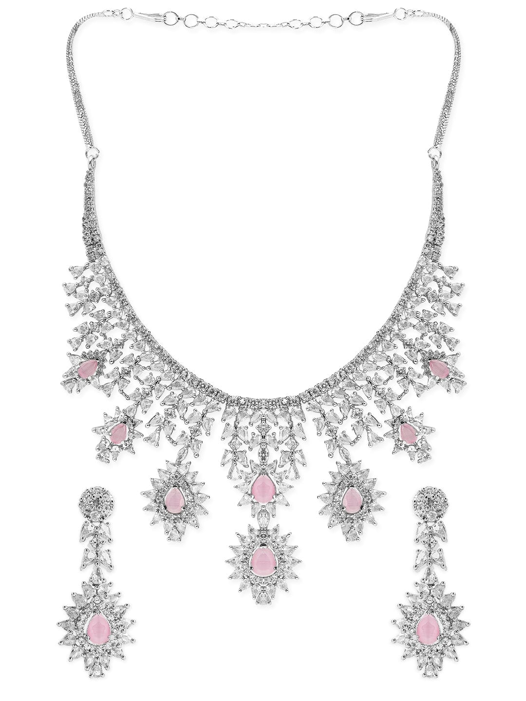 Silver Plated Handcrafted Pink AD Stone Studded Necklace Set