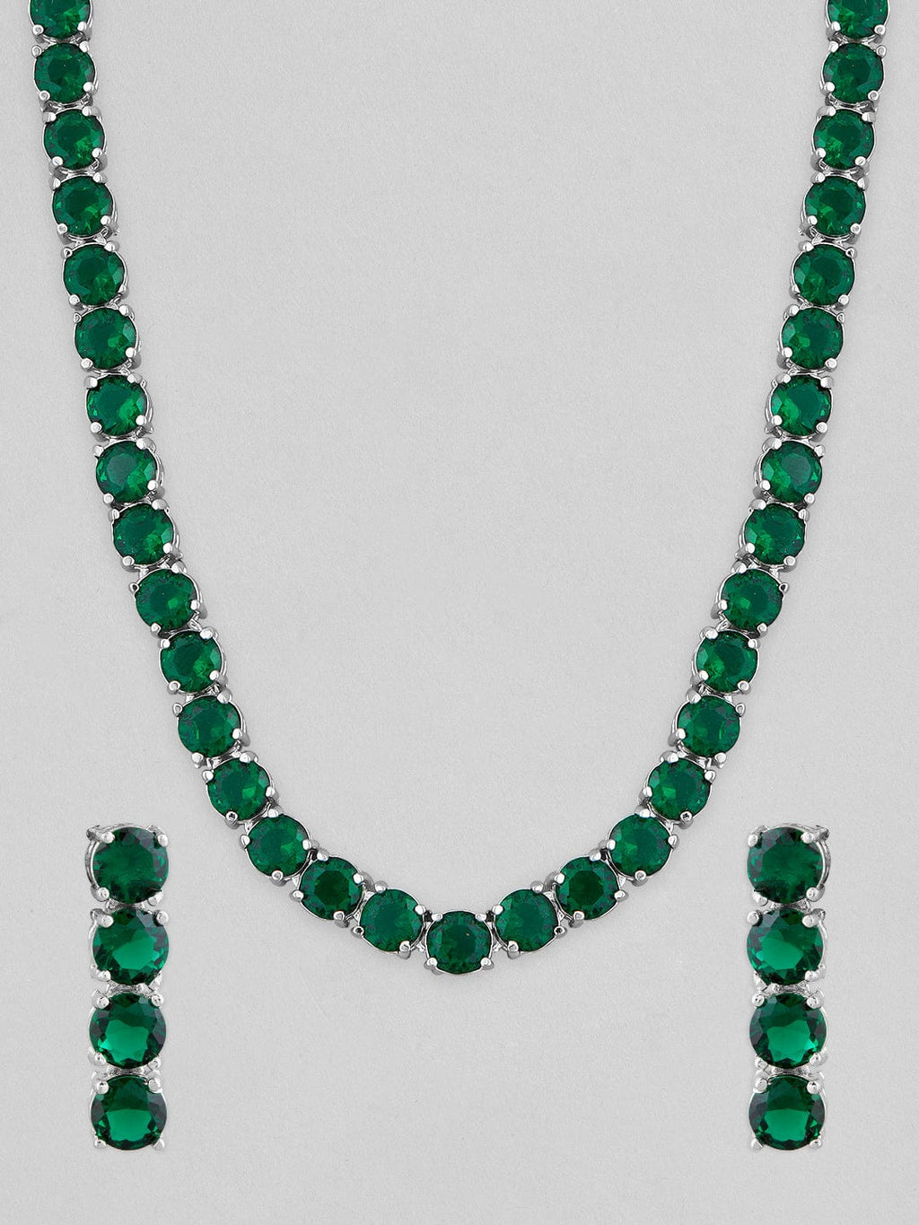 Silver Plated Necklace Set With Studded Dark Green AD's
