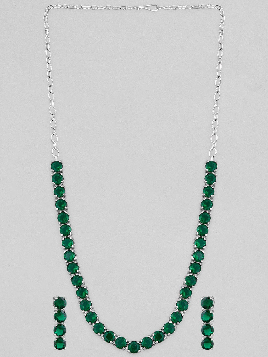 Silver Plated Necklace Set With Studded Dark Green AD's