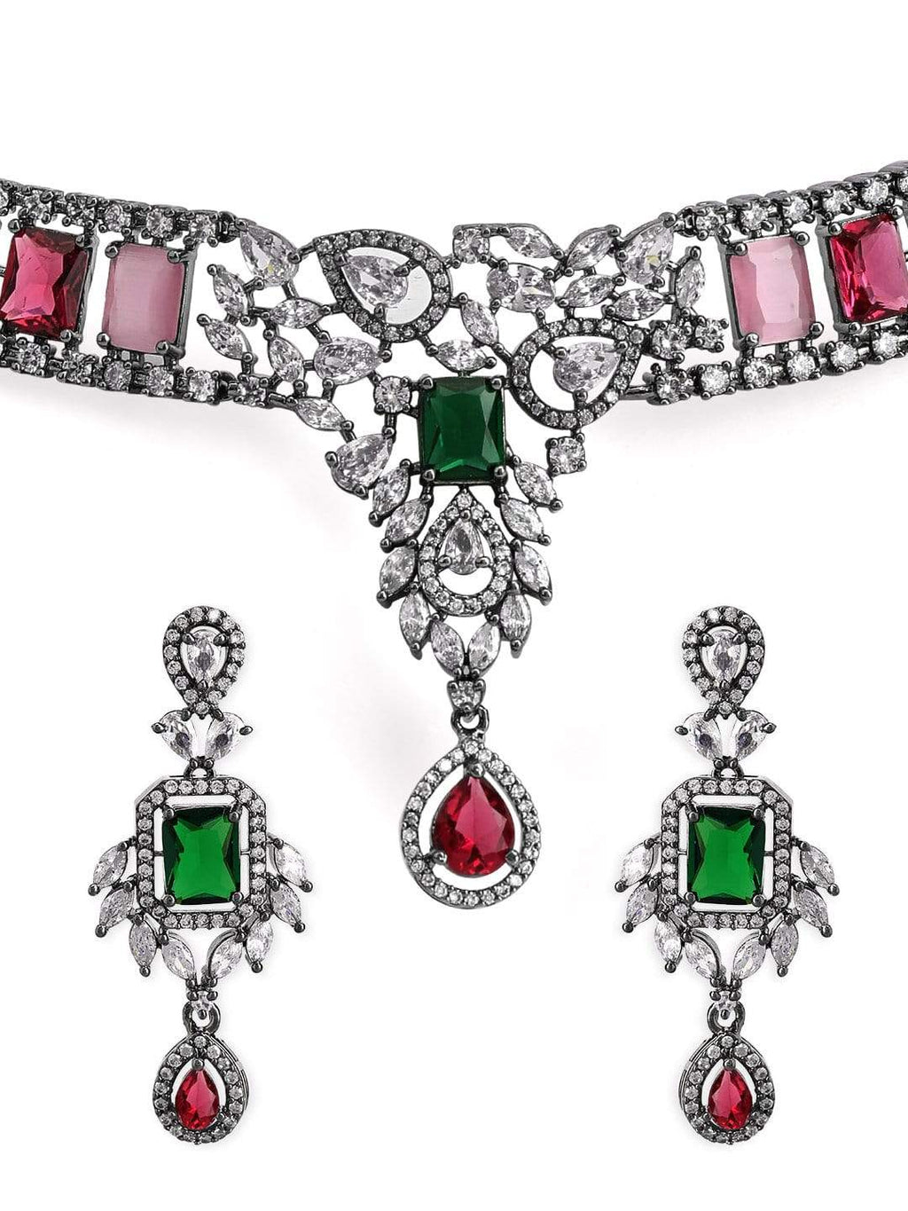 Silver Plated Multicoloured Stone Studded American Diamond Necklace Set