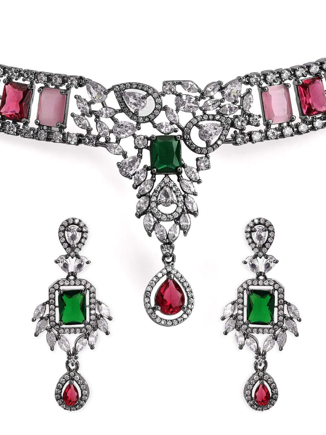 Silver Plated Multicoloured Stone Studded American Diamond Necklace Set