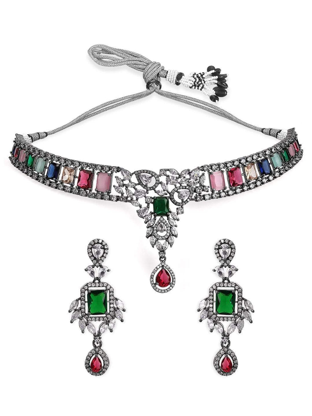 Silver Plated Multicoloured Stone Studded American Diamond Necklace Set