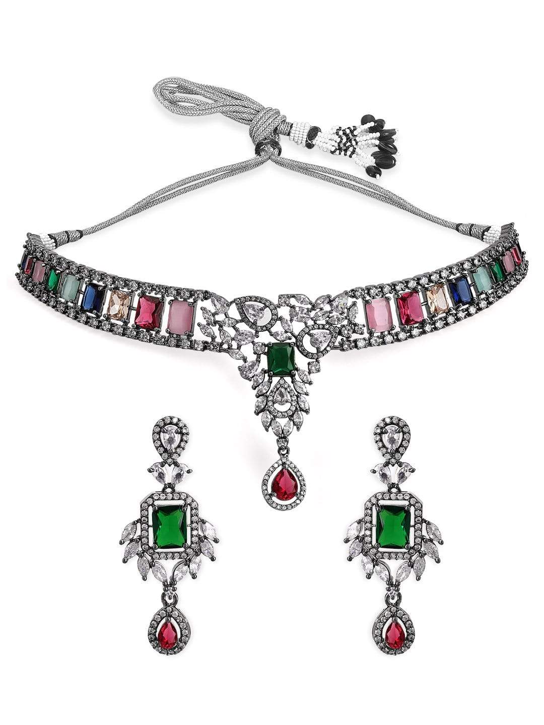 Silver Plated Multicoloured Stone Studded American Diamond Necklace Set