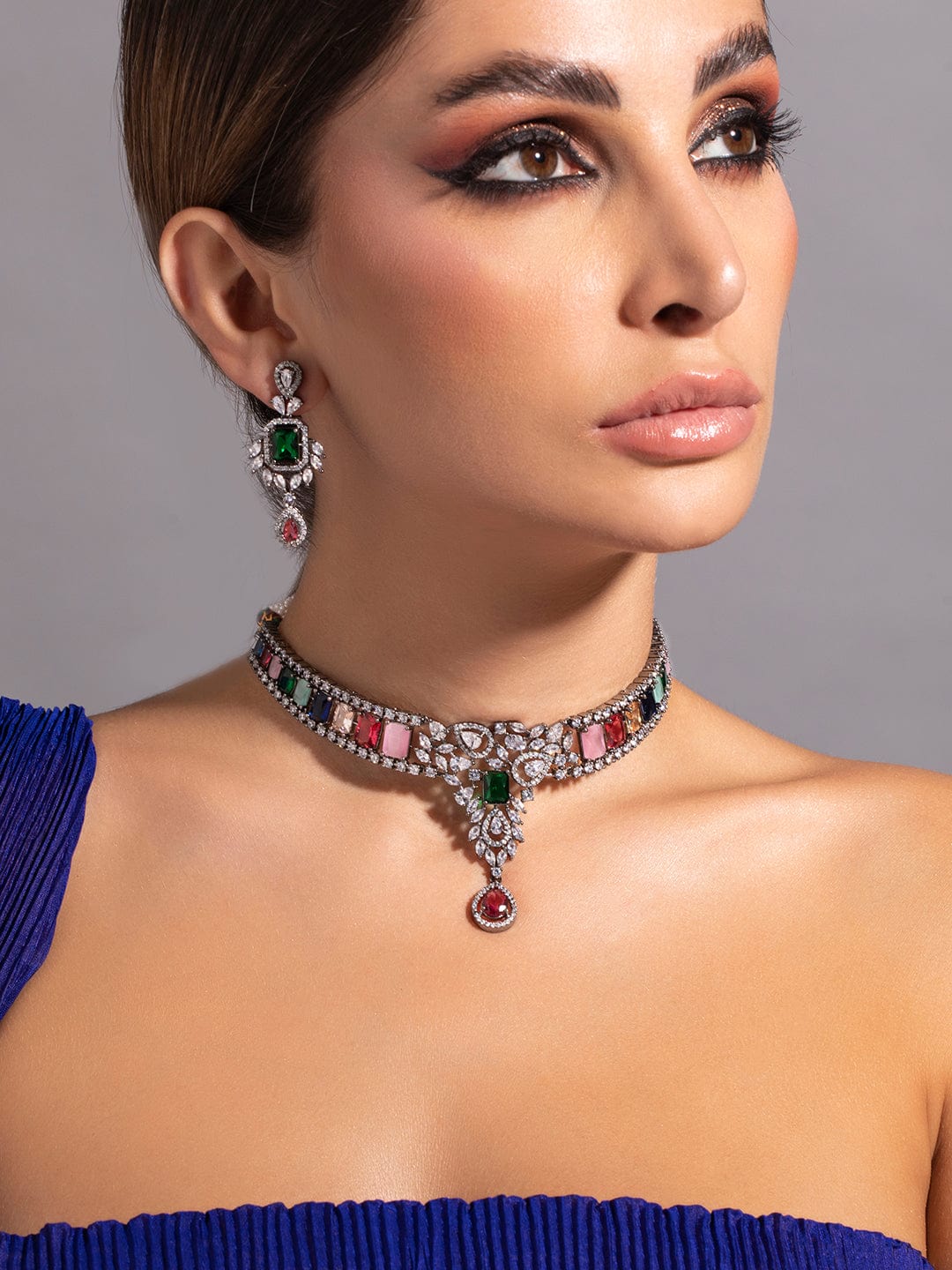 Silver Plated Multicoloured Stone Studded American Diamond Necklace Set