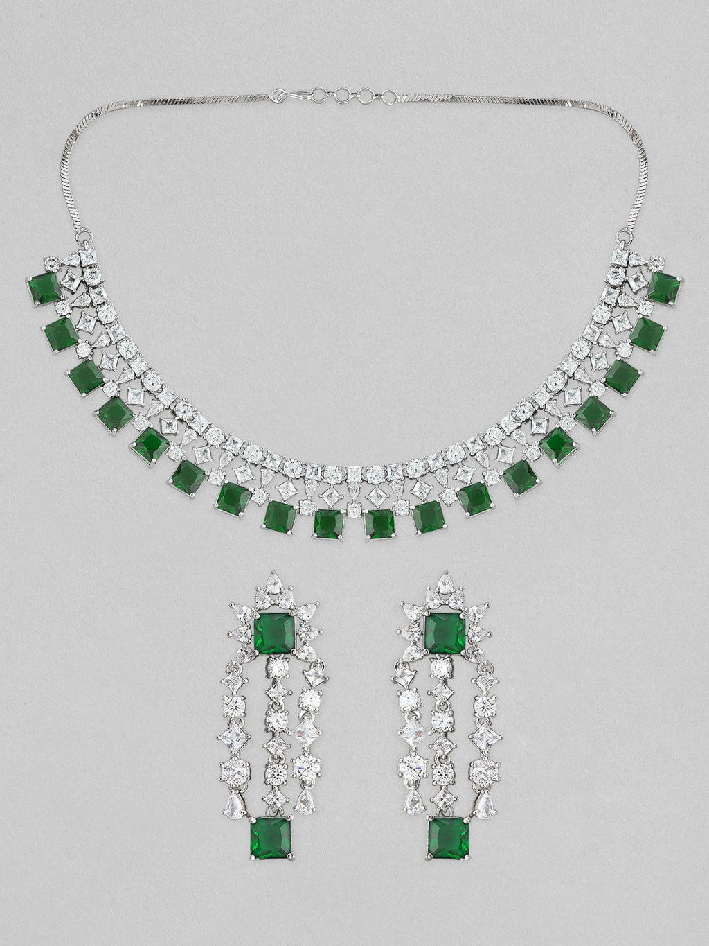 Silver Plated Necklace Set With American Diamonds And Green Stones