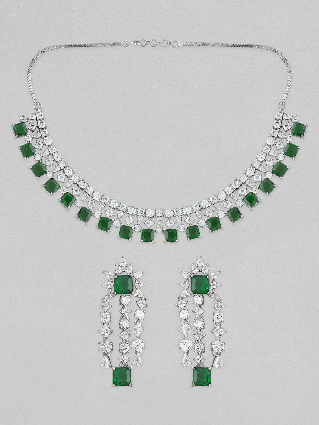 Silver Plated Necklace Set With American Diamonds And Green Stones