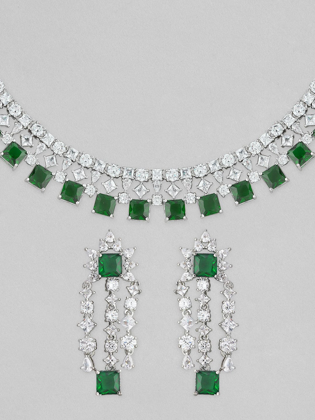 Silver Plated Necklace Set With American Diamonds And Green Stones