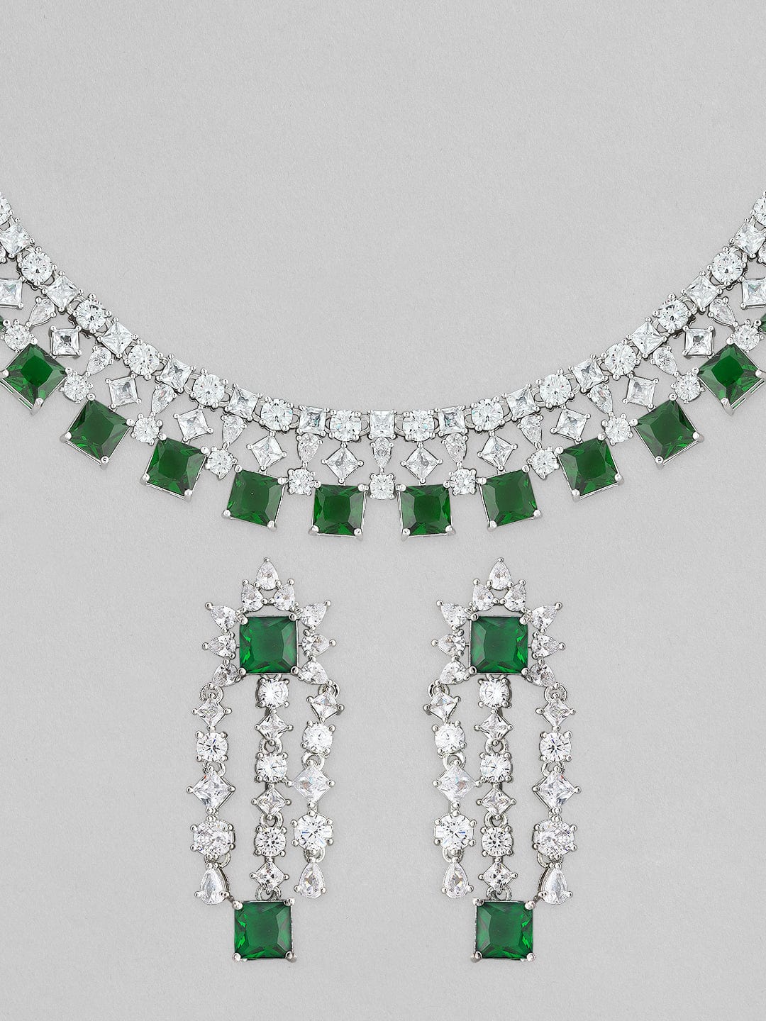 Silver Plated Necklace Set With American Diamonds And Green Stones