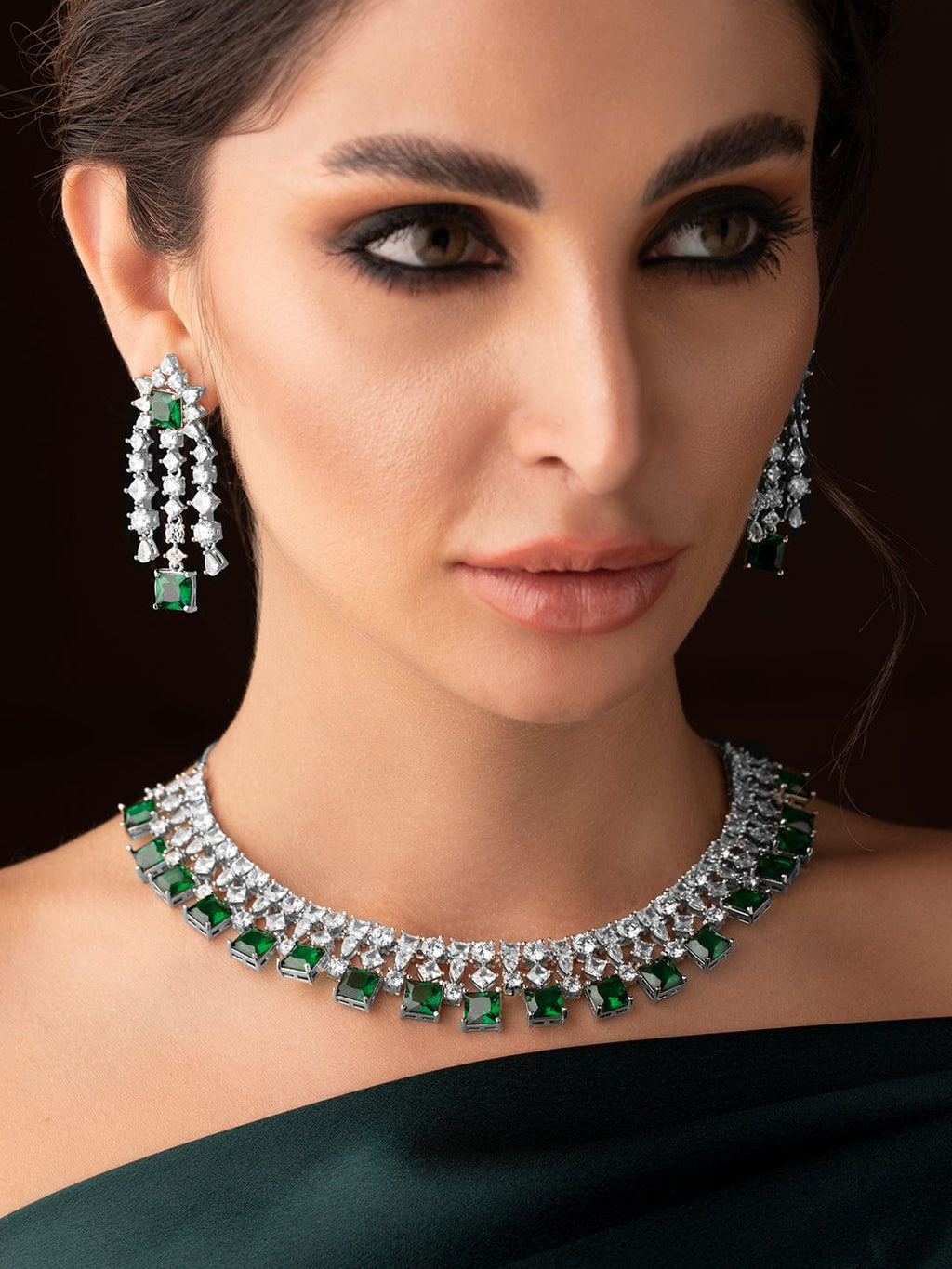 Silver Plated Necklace Set With American Diamonds And Green Stones
