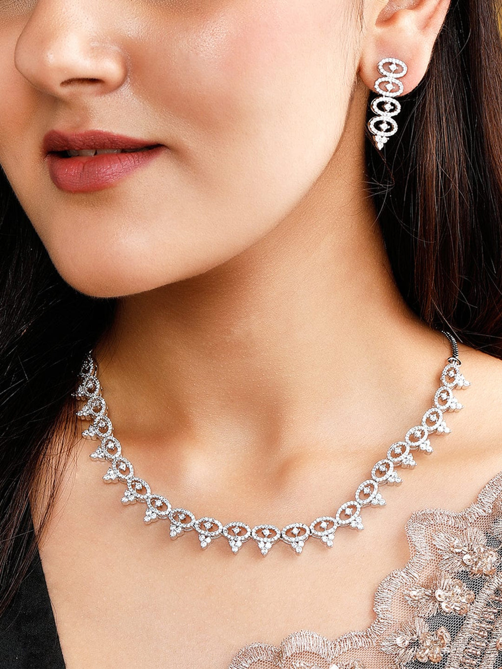 Silver-Plated Necklace Set With American Diamonds