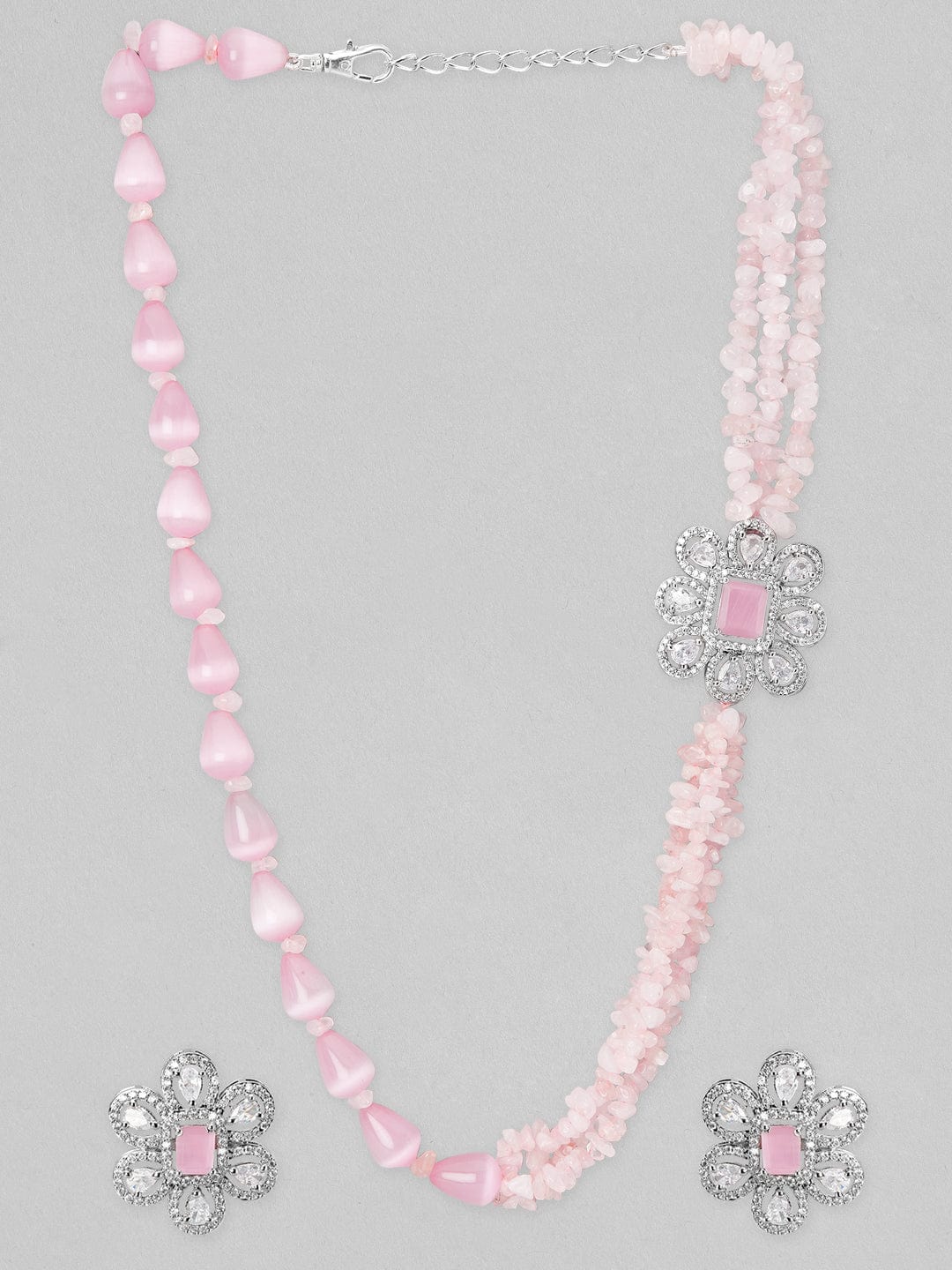 Silver Plated Necklace Set With Pink Beads And Studded AD