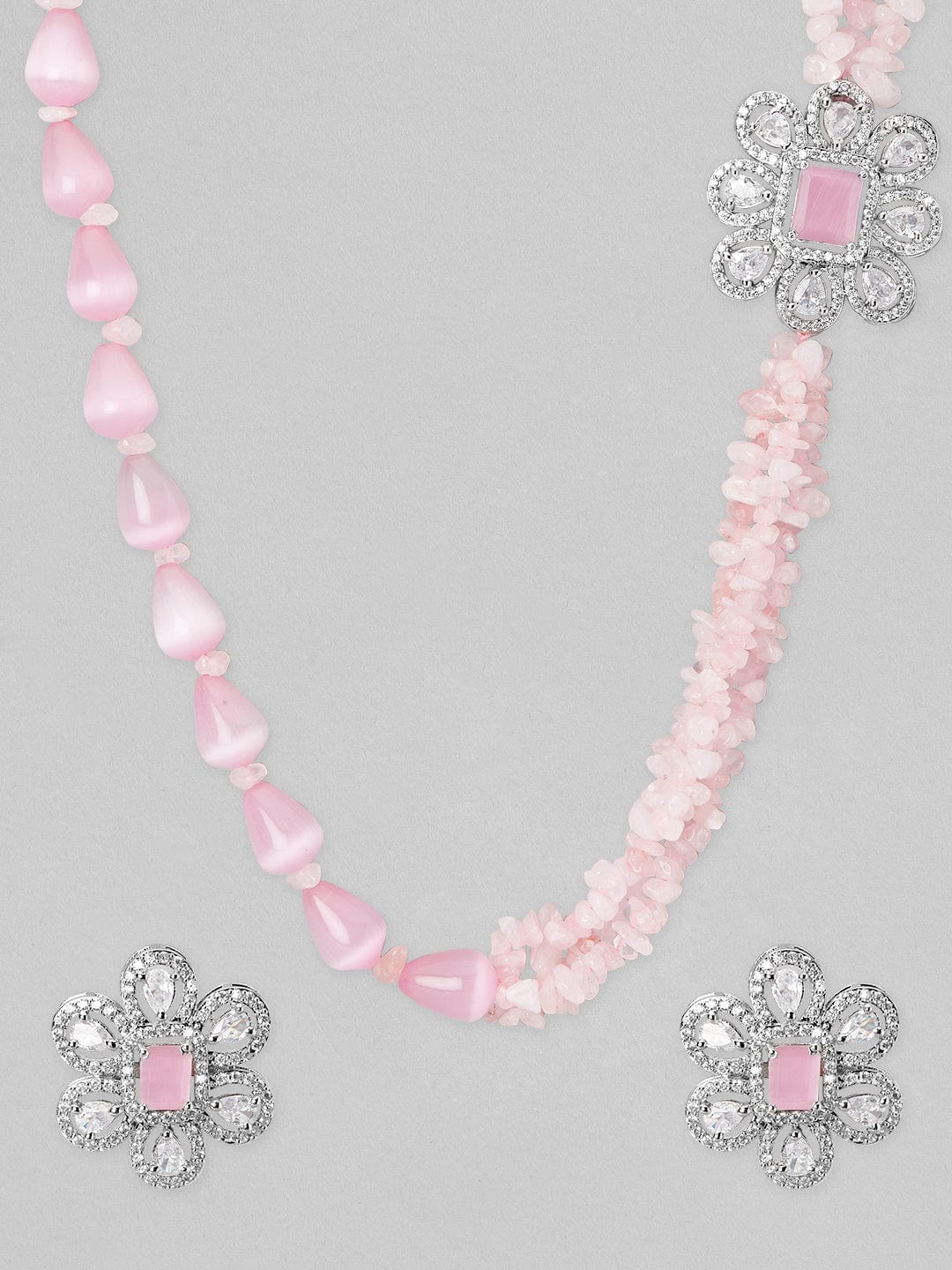 Silver Plated Necklace Set With Pink Beads And Studded AD