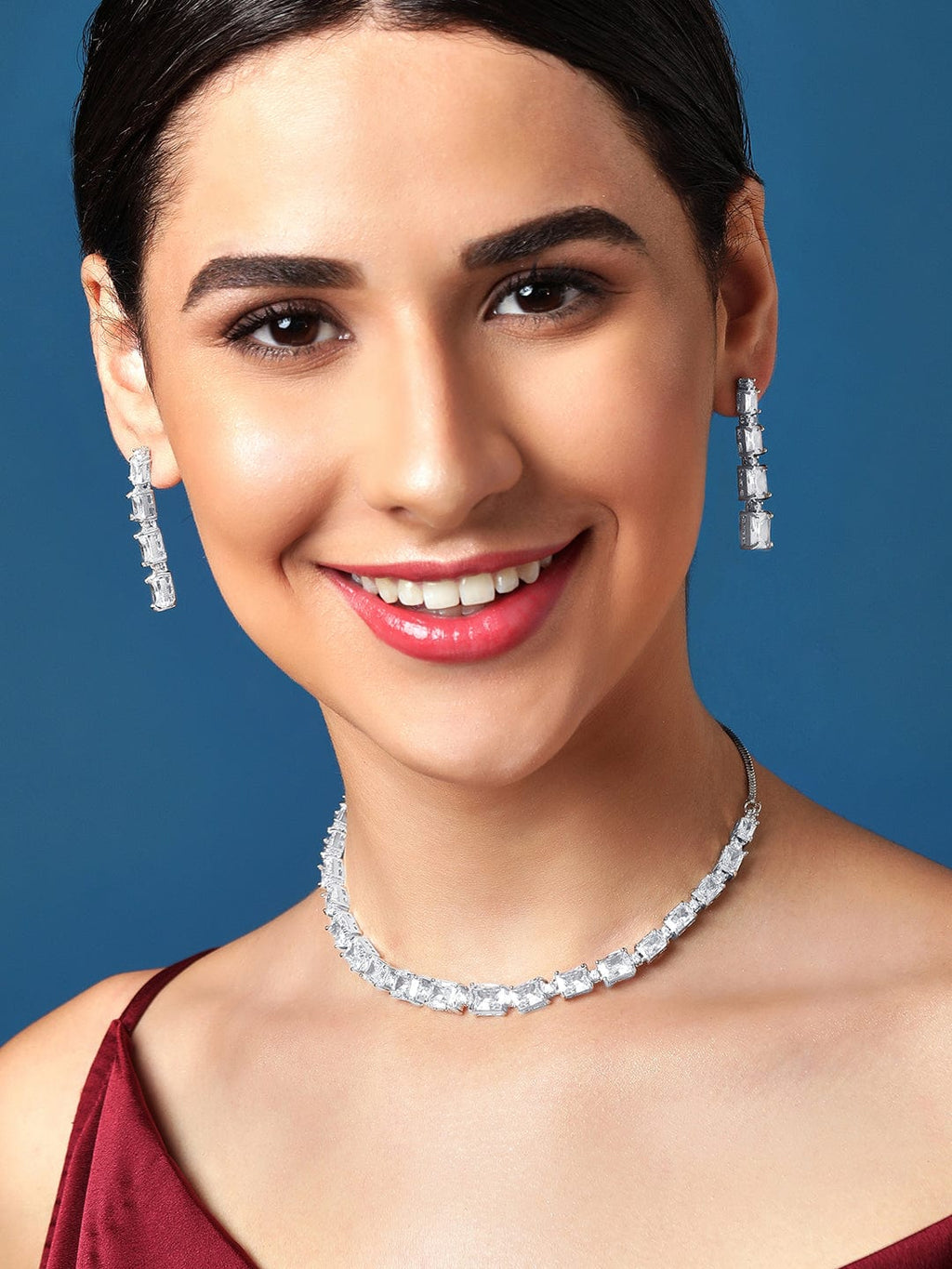 Silver Plated Necklace Set With White Stones