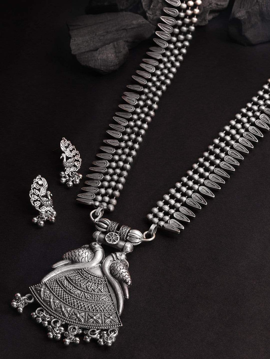 Silver Plated Oxidised Handcrafted Peacock Necklace Set