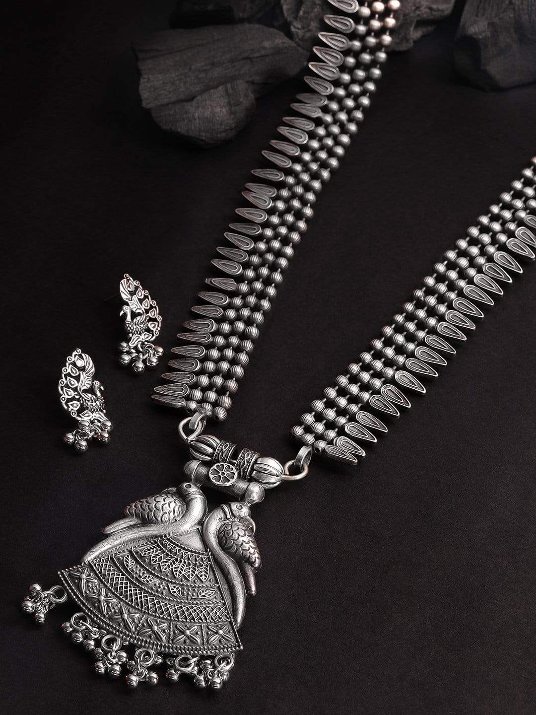 Silver Plated Oxidised Handcrafted Peacock Necklace Set