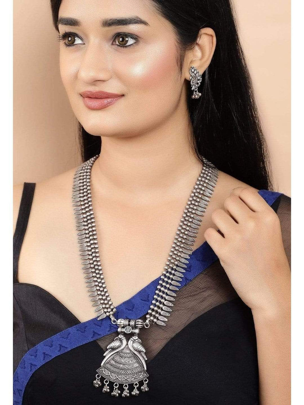 Silver Plated Oxidised Handcrafted Peacock Necklace Set