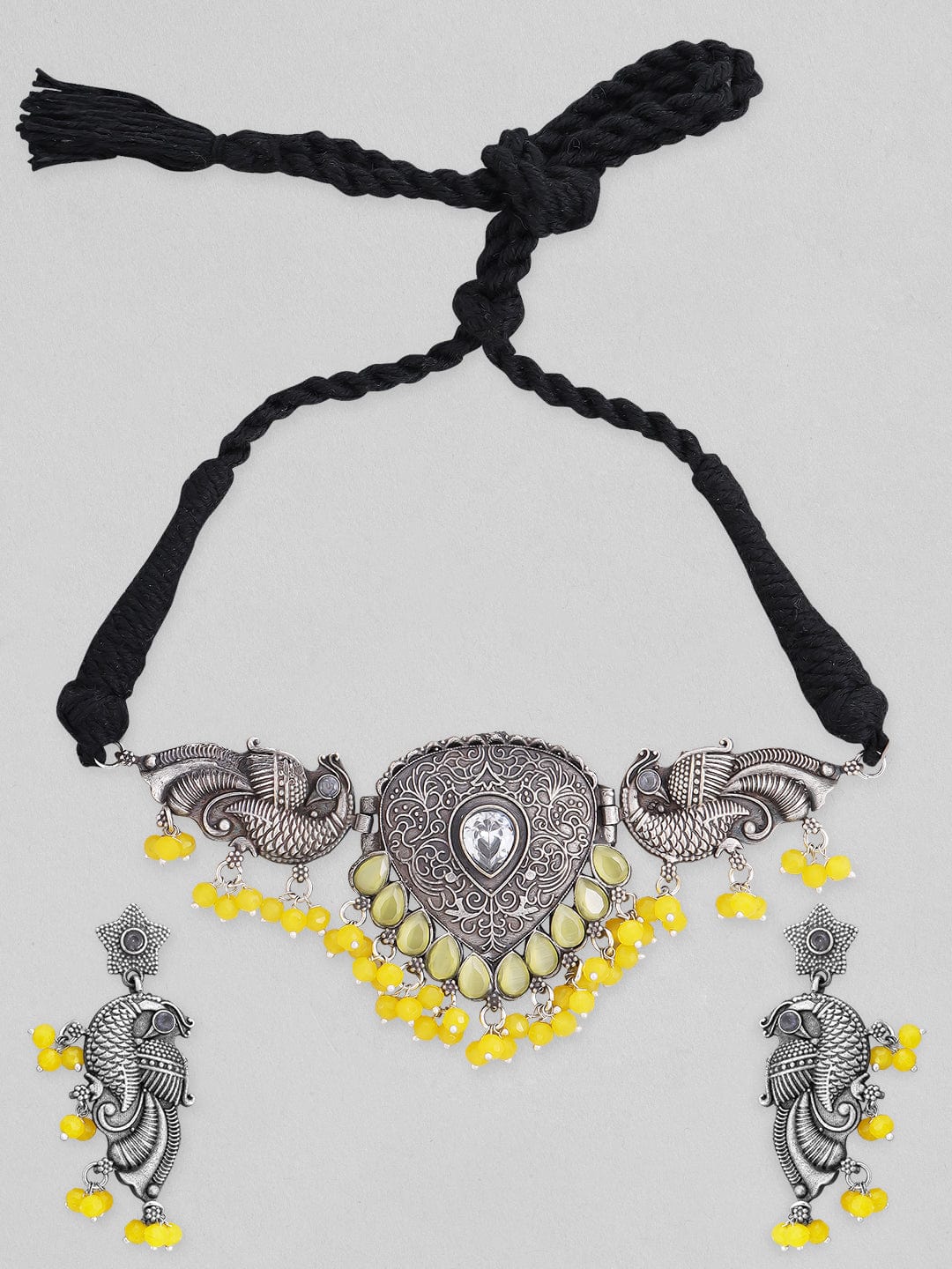 Silver-Plated Oxidised Yellow Stone & Beaded Studded Choker Set