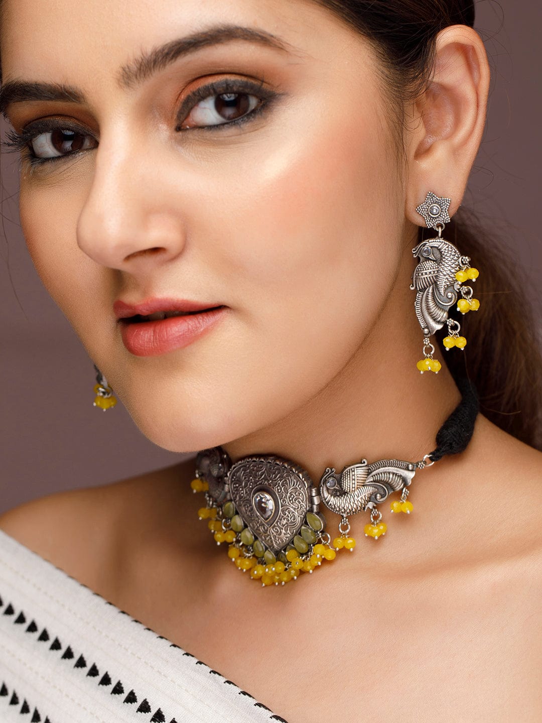 Silver-Plated Oxidised Yellow Stone & Beaded Studded Choker Set