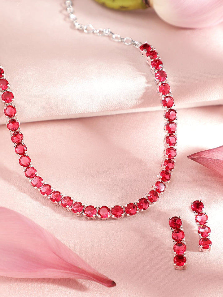 Silver-Plated Red Stone Studded Handcrafted Jewellery Set
