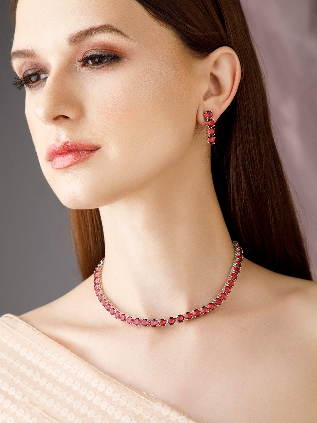 Silver-Plated Red Stone Studded Handcrafted Jewellery Set
