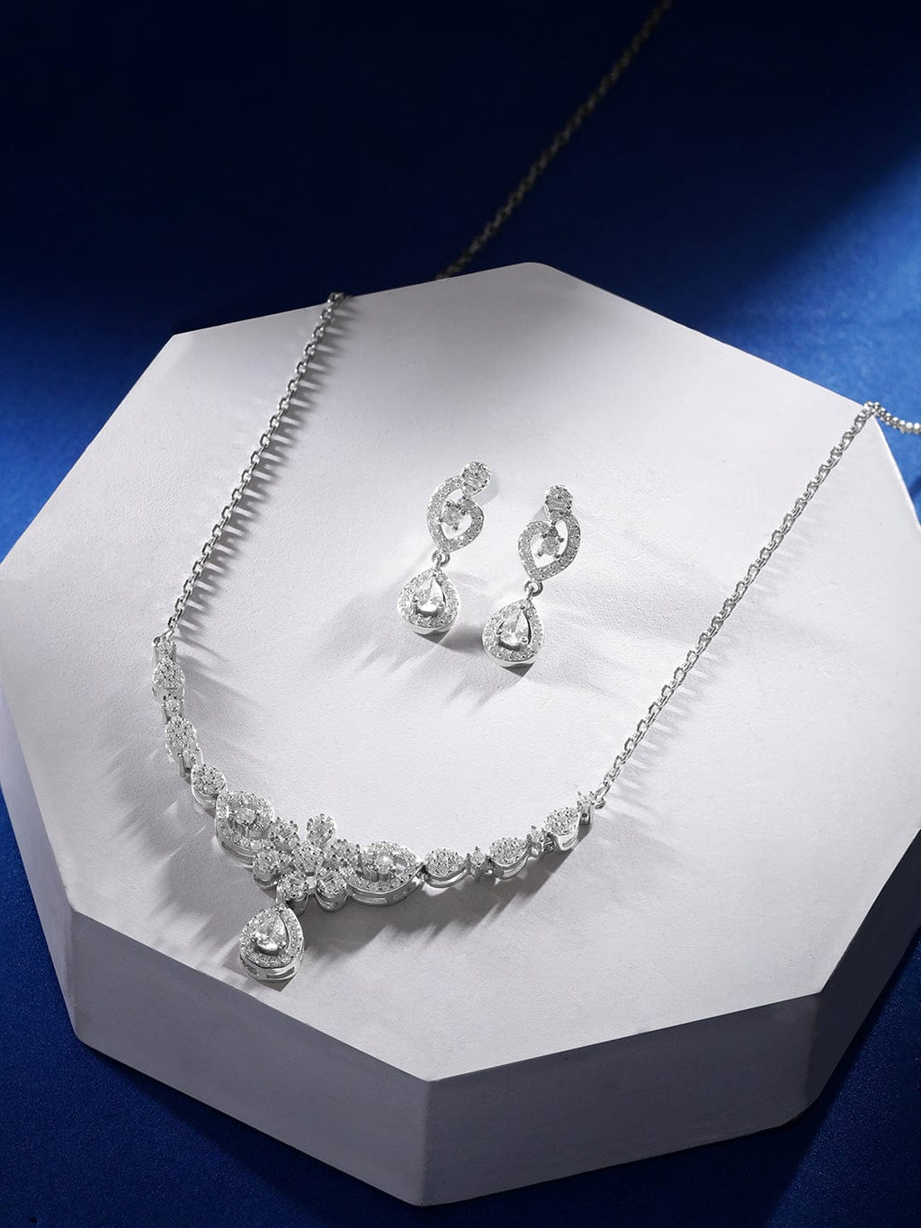 Silver Rhodium Plated Zirconia Studded Stunning Minimal Necklace Set