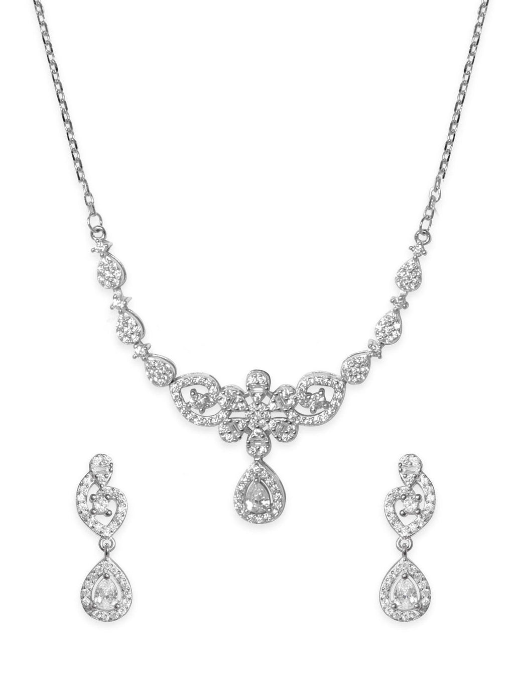 Silver Rhodium Plated Zirconia Studded Stunning Minimal Necklace Set