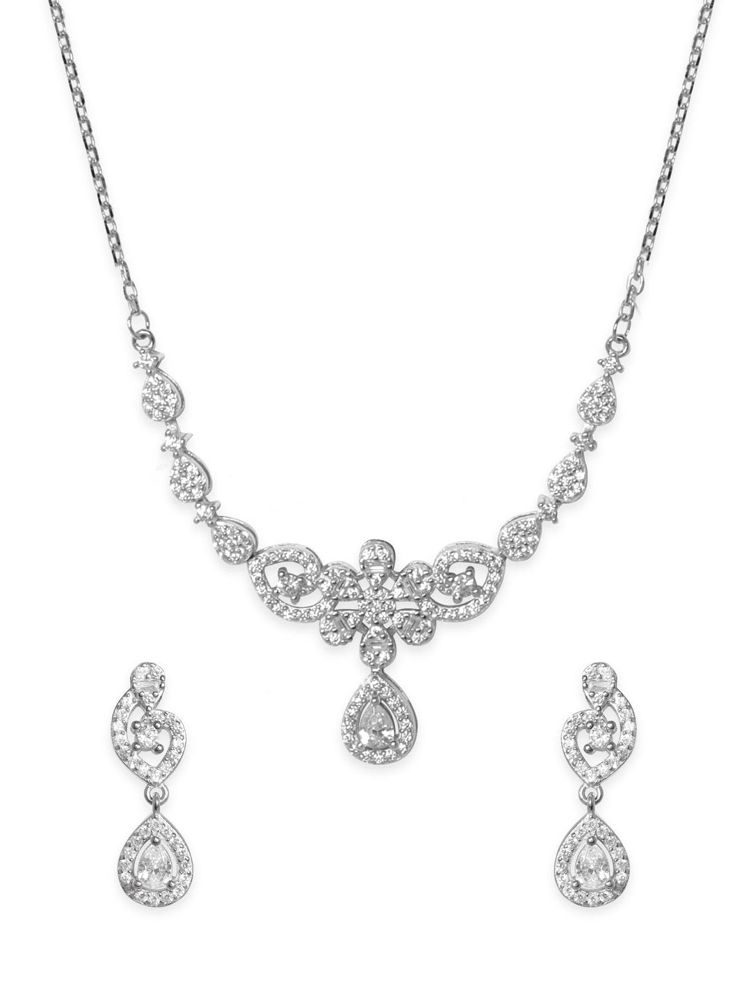 Silver Rhodium Plated Zirconia Studded Stunning Minimal Necklace Set