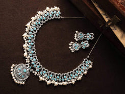 Silver Toned Hand Crafted Oxidised Necklace Set