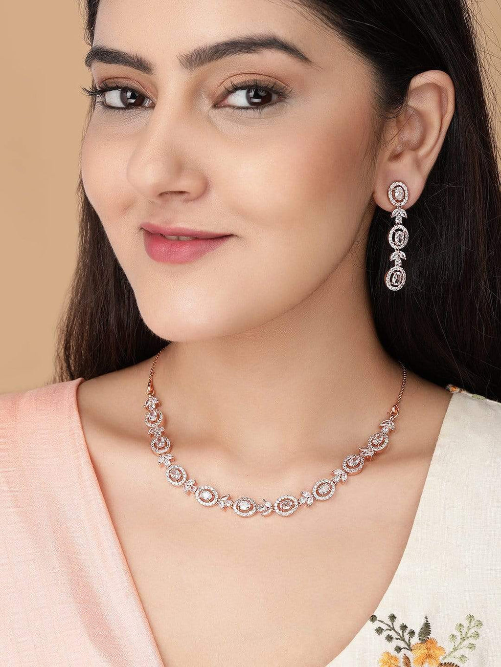 Simple Gold Toned CZ Necklace Set with Long Earrings