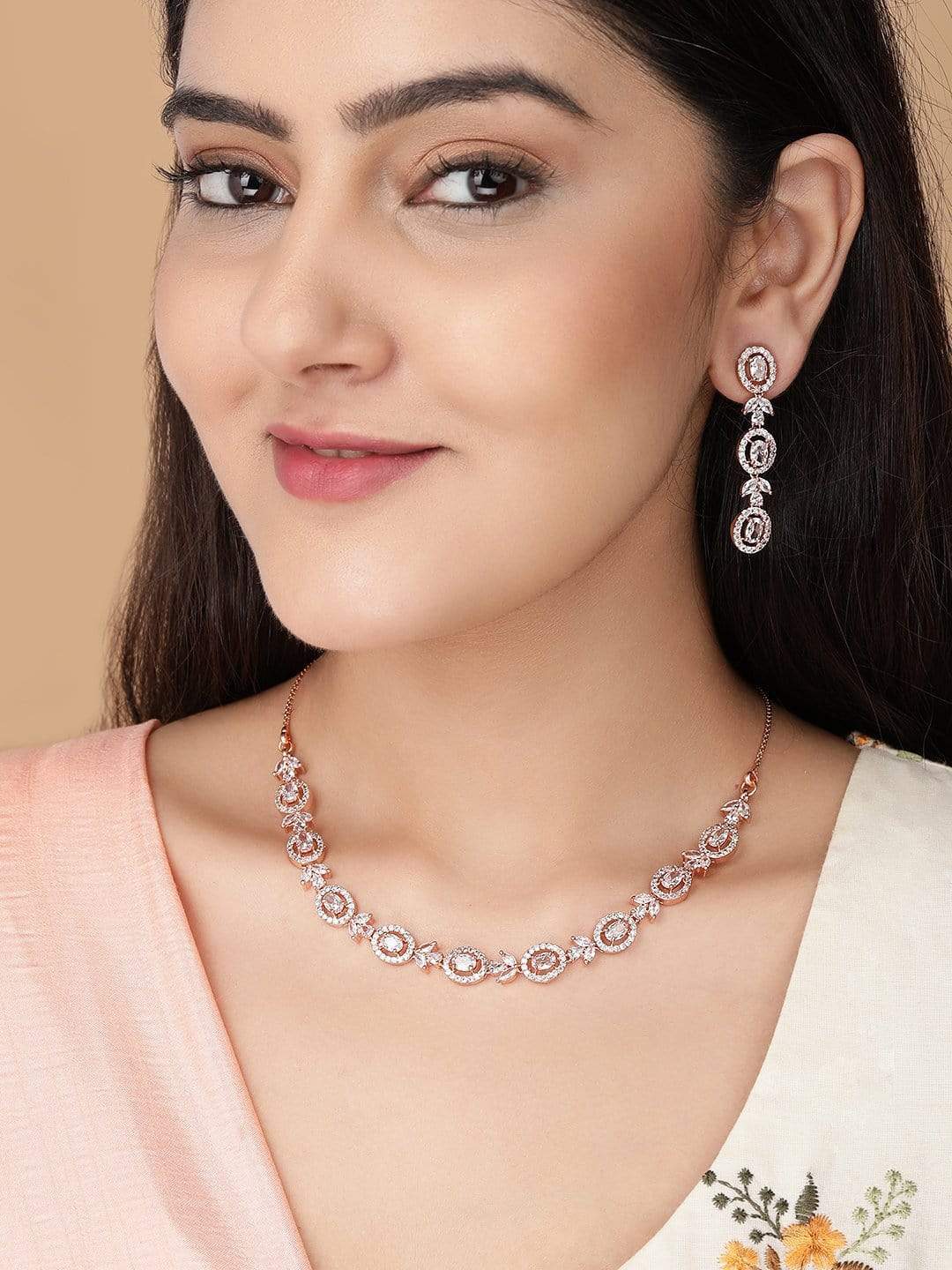 Simple Gold Toned CZ Necklace Set with Long Earrings