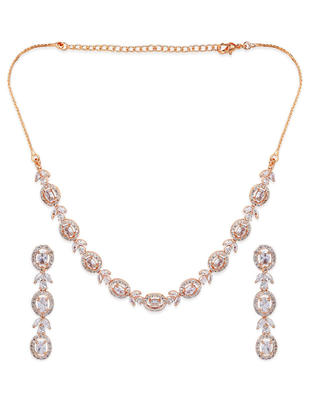 Simple Gold Toned CZ Necklace Set with Long Earrings