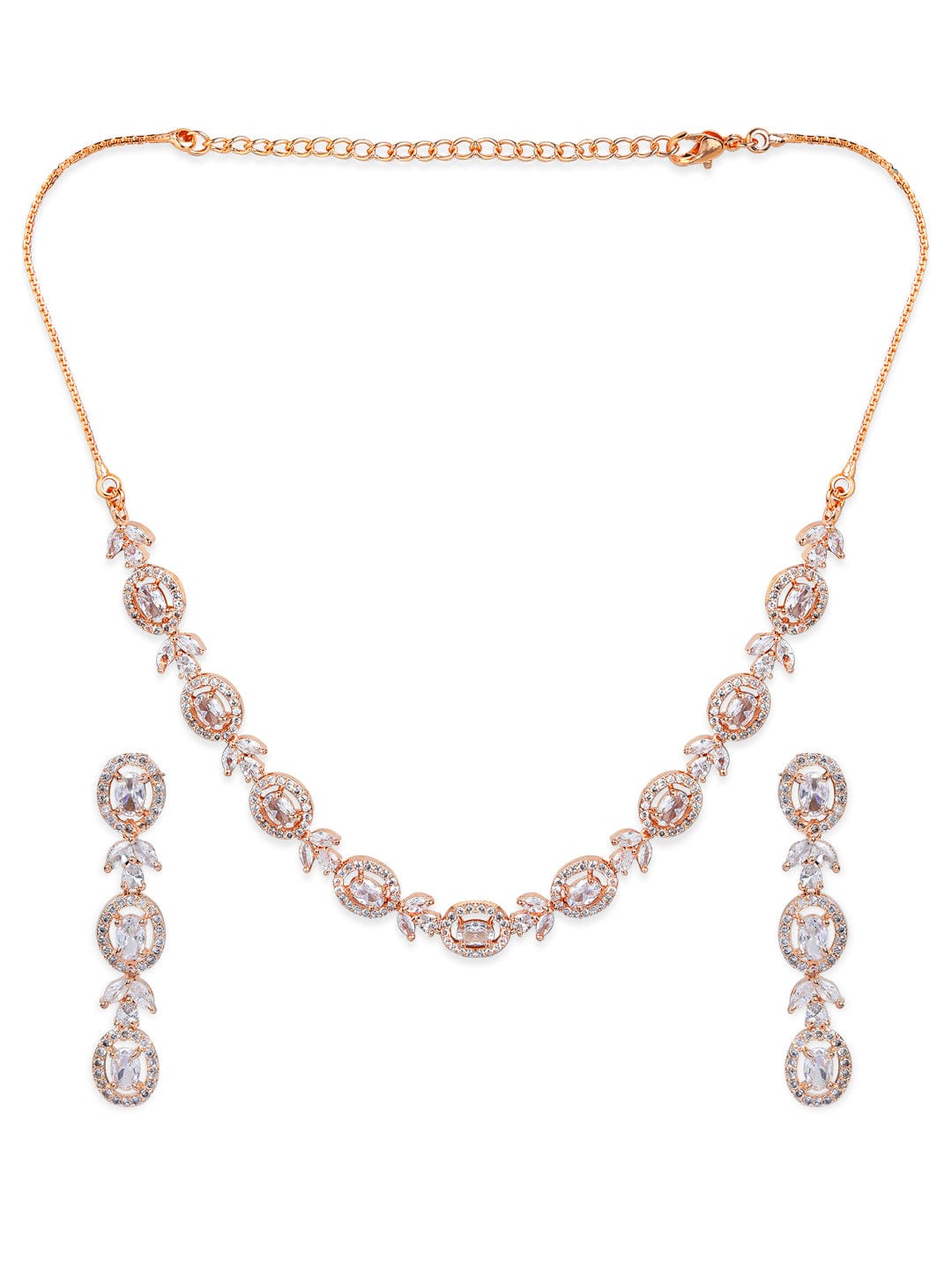 Simple Gold Toned CZ Necklace Set with Long Earrings