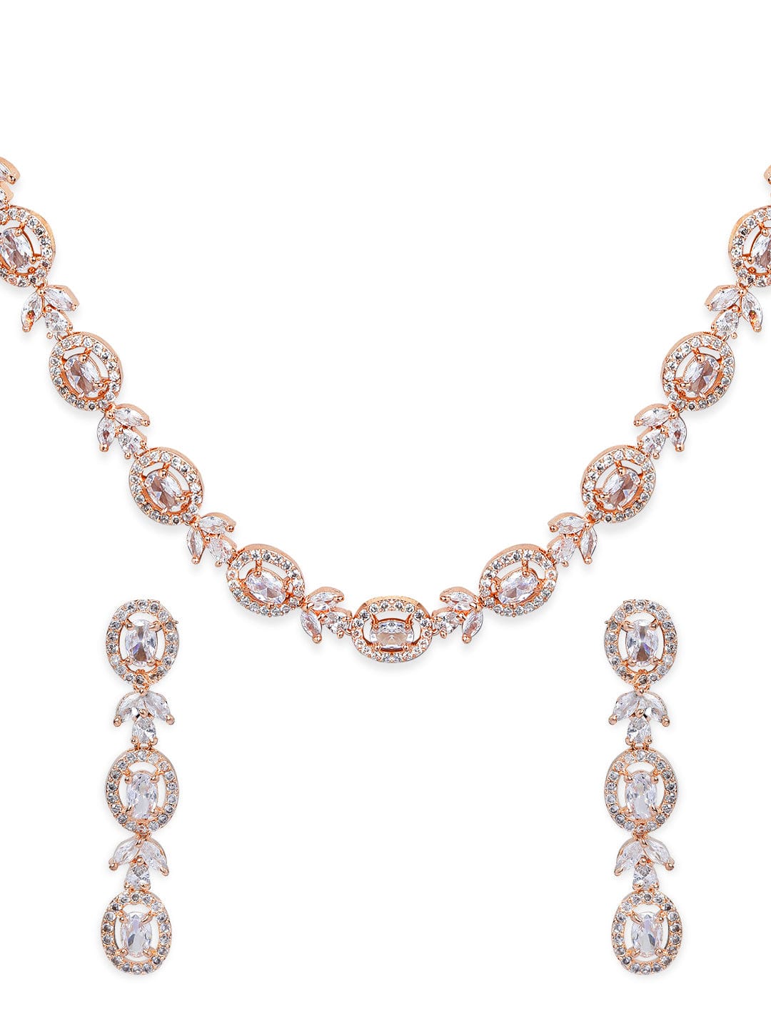 Simple Gold Toned CZ Necklace Set with Long Earrings