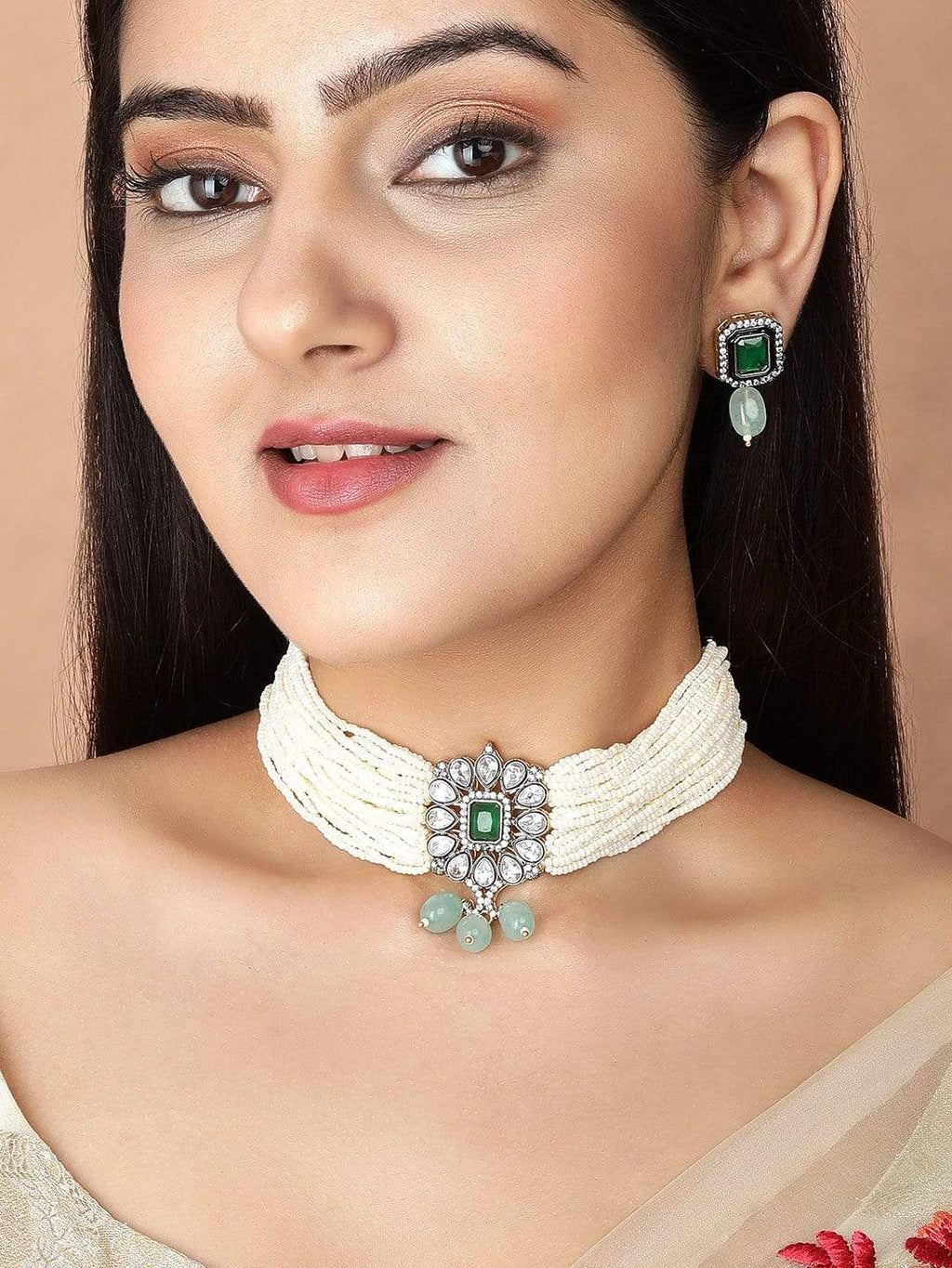 Studded Green and White Beads Choker Set