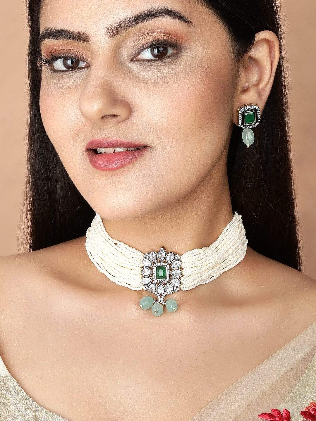Studded Green and White Beads Choker Set