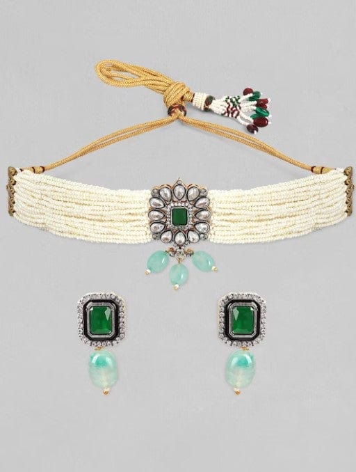 Studded Green and White Beads Choker Set