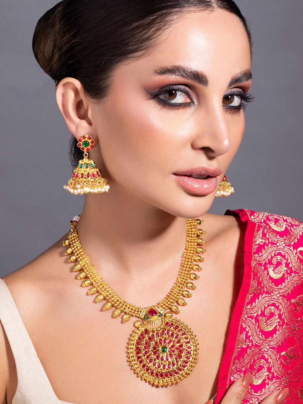 Traditional Gold Plated Faux Ruby And Emerald Studded Necklace Set
