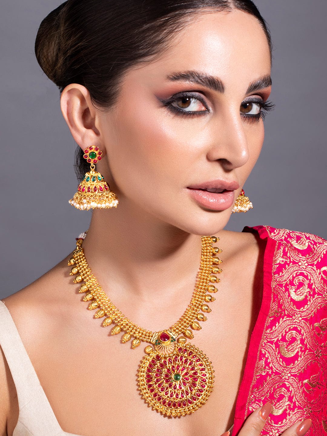 Traditional Gold Plated Faux Ruby And Emerald Studded Necklace Set